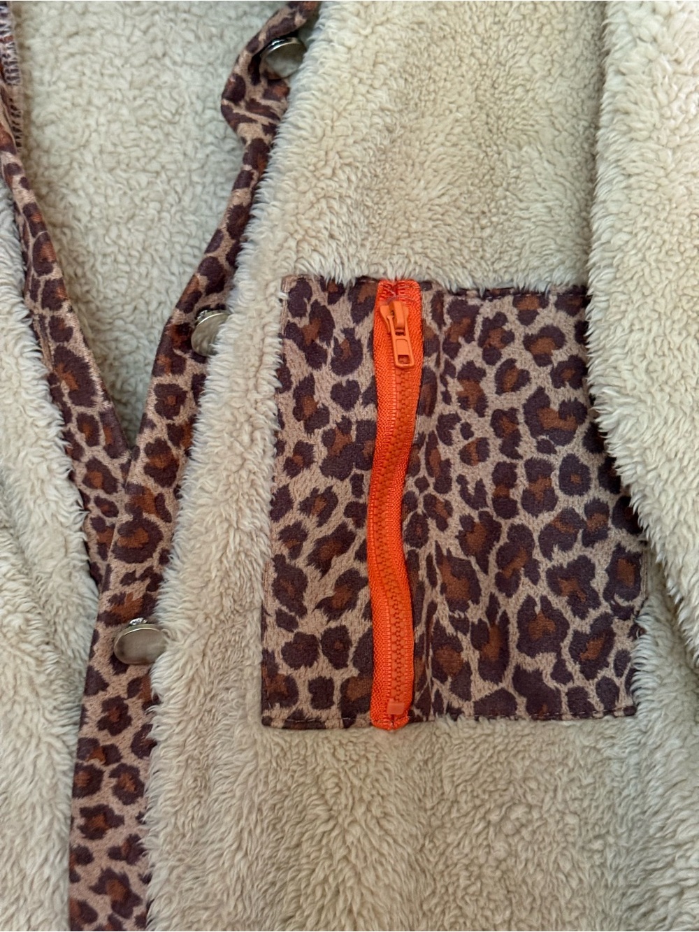 Leopard Print Sherpa Jacket with Orange Zip Pocket